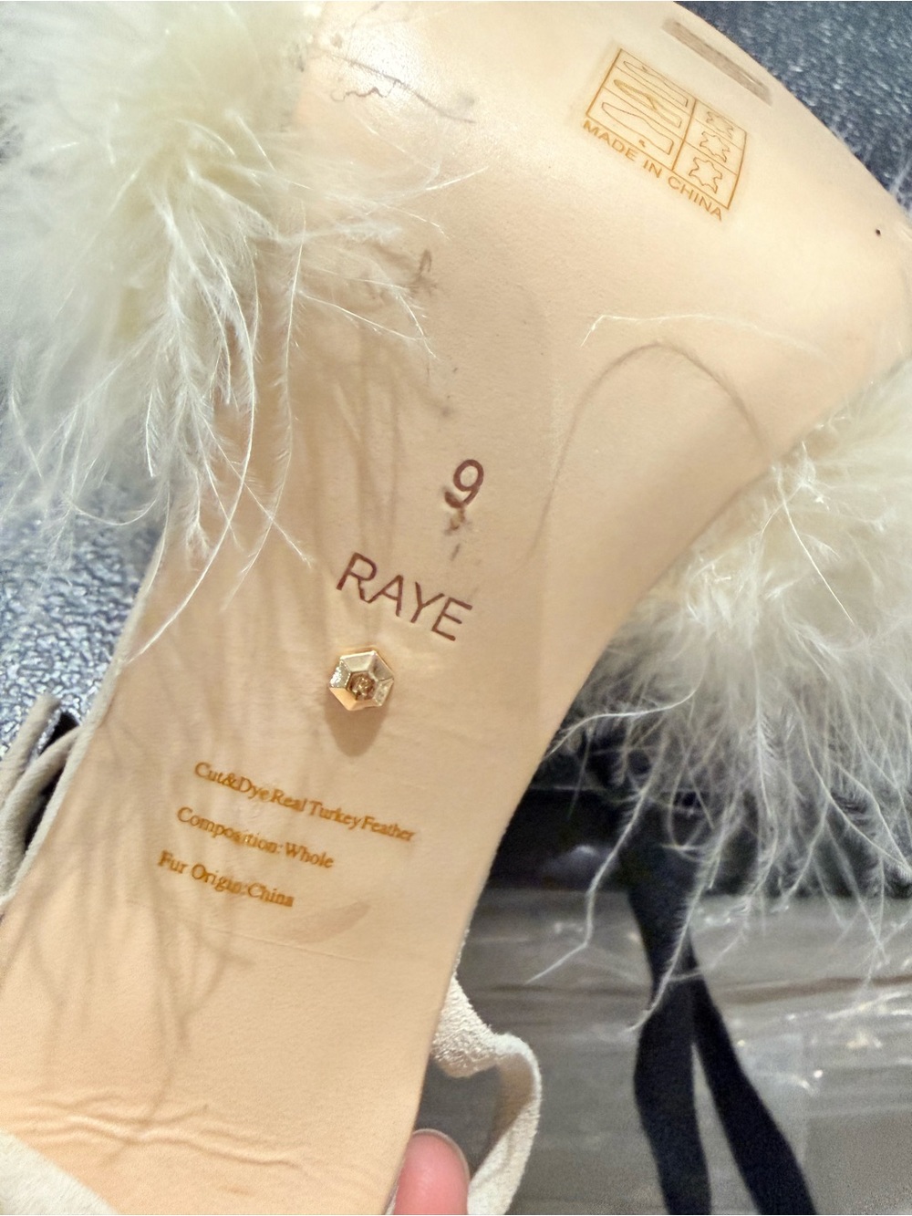 RAYE nude Suede Ankle-Tie Feather Pom High Heel Sandal NWT - Picture 3 of 6